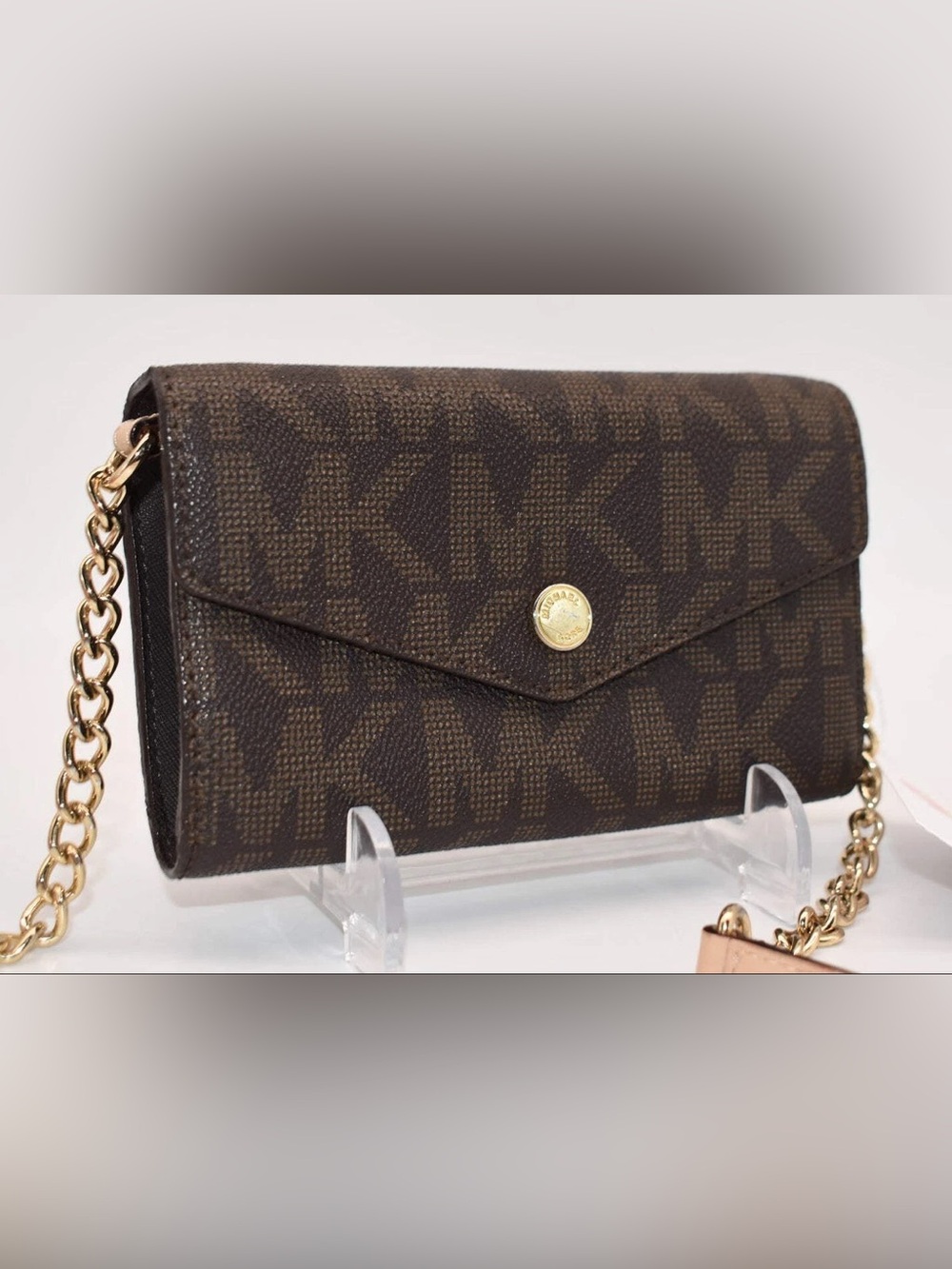 Michael Kors Brown Signature Envelope Crossbody Wallet with Chain
